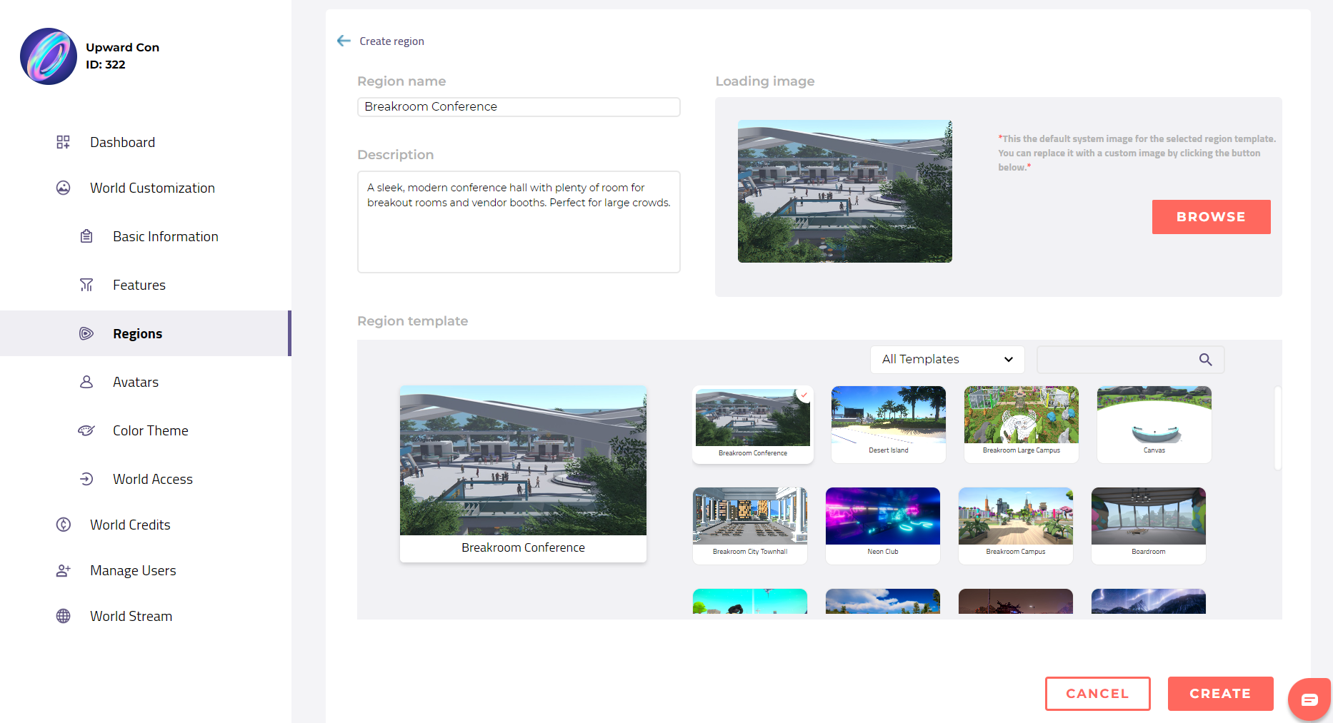 A screenshot of the Creation Region panel. Instructions for using this panel are described below.